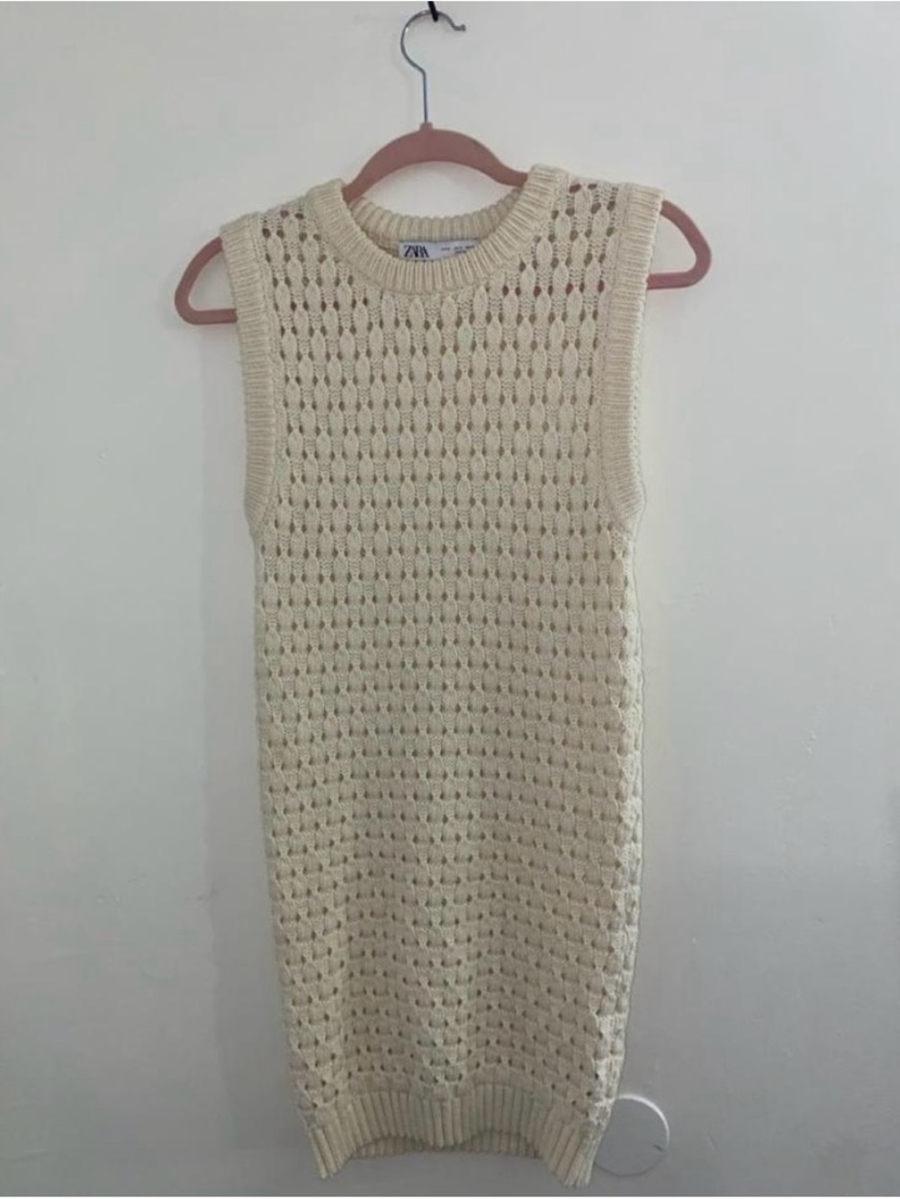 Zara Cream Open-Knit Sleeveless Crew Neck Dress